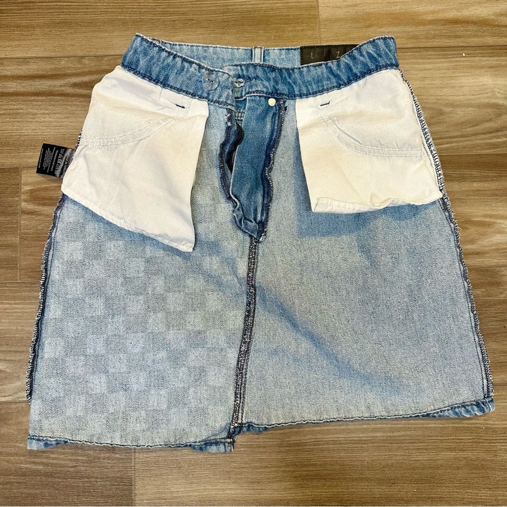 Asymmetrical Lazy Oaf 100% Cotton Half-Checkered Blue Denim Mini Skirt - Picture 9 of 10